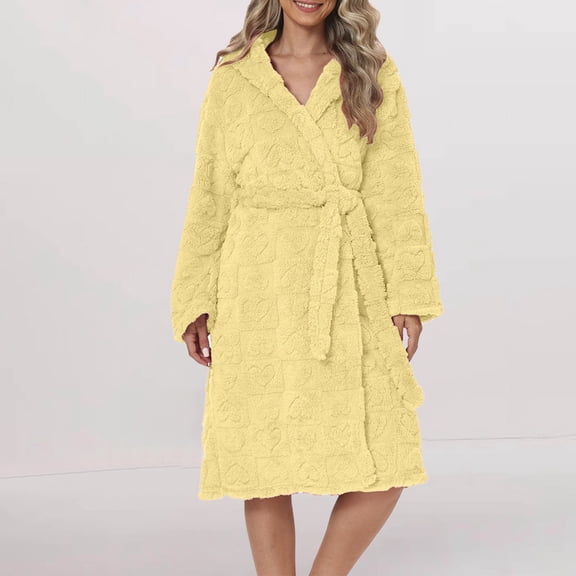 MVRLSH Robes For Women Heart Shaped Flannel Plush Belted Bathrobe Warm Soft With Pockets Comfortable Loungewear Yellow S-Xl