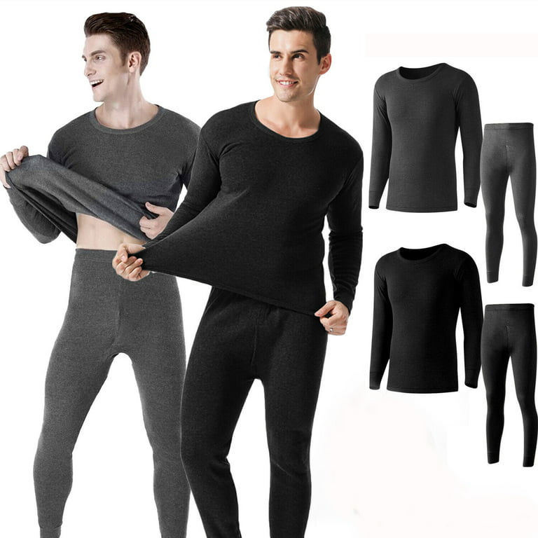 Men's Soft Thermal Pants Stretchy Base Layer Warm Underwear Top & Bottoms 2  Pieces, Black, 2XL 