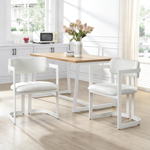 Dining Chairs Set of 2, Upholstered Armchairs, Fabric Dining Chairs with Beige Seat and White Metal Frame for Kitchen Dining Room Small Space, 265 lbs Capacity