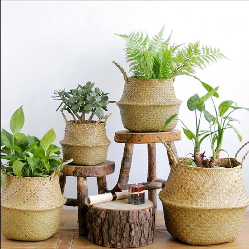 Storage Basket Plant Rattan Straw Folding Flower Pot Sea Grass Basket Decoration 