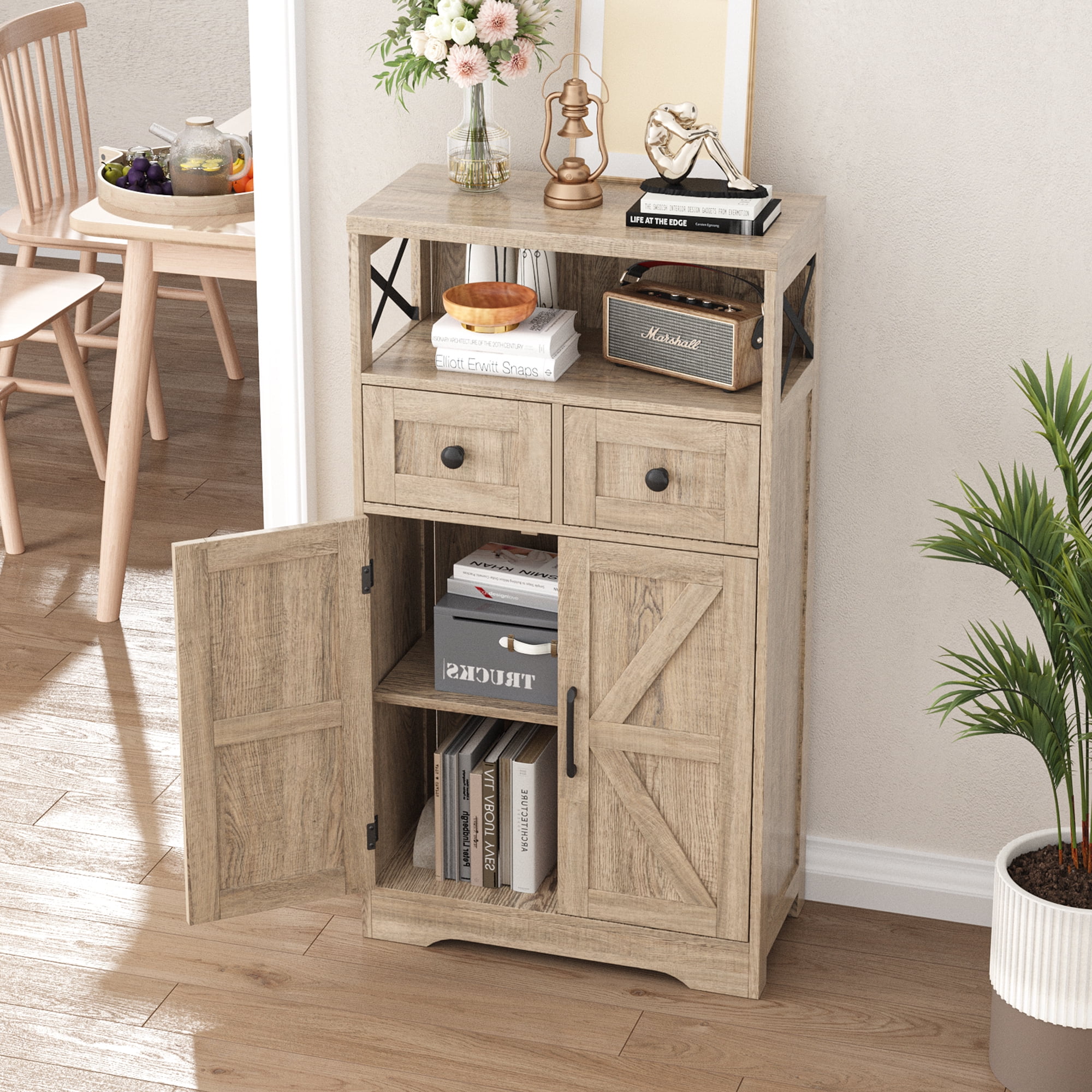 Farmhouse Storage Cabinet with Drawers and Shelves, Natural
