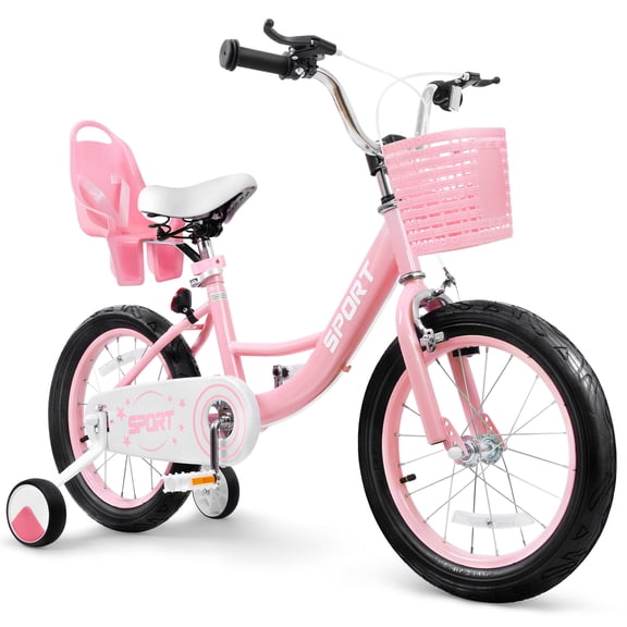 Enjoyrun 16" Kids Bike,Girls Bike with Training Wheels,Basket and Doll Seat,Bicycle for Children Ages 5-8,Pink