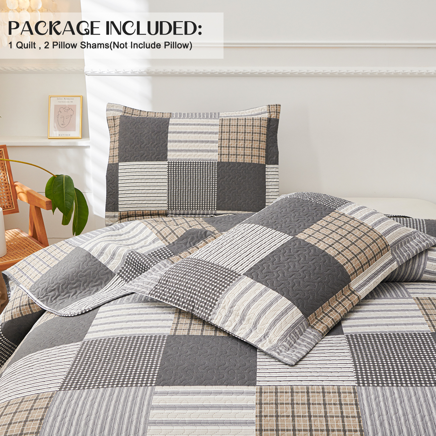 Kebury Plaid Bedding Quilt Set Queen Size Microfiber Ultra Soft Bedspread Ligthtweight Brown Coffee Quilt Coverlet Collection for Bedroom (1 Quilt, 2 Pillow Shams)