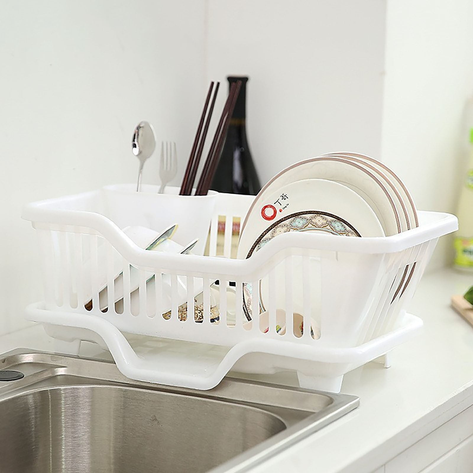 Sink Dish Drying Rack,Heavy Duty Hard Plastic Drying Rack for Kitchen Counter,Sink Organization and Storage Essentials with Silverware Utensil Holder,Home and Apartment Decor(White,17.52x12.6x7.08")
