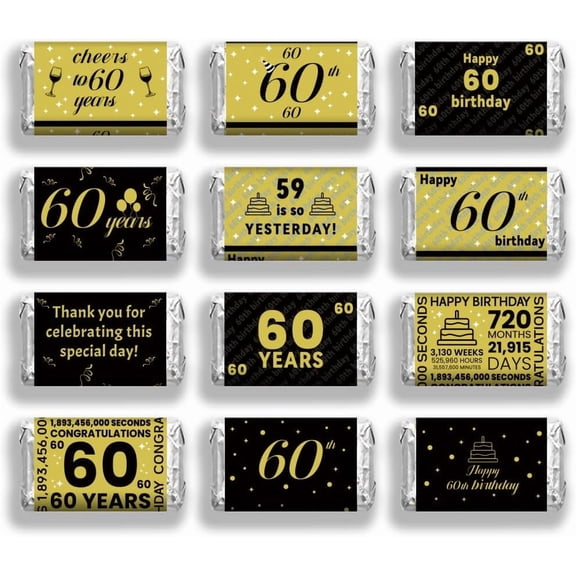 120 Pcs Happy 60th Birthday Mini Candy Bar Wrappers Stars Cake Shiny Gold Foil Chocolate Bar Label Stickers Self Adhesive Stickers for DIY Making