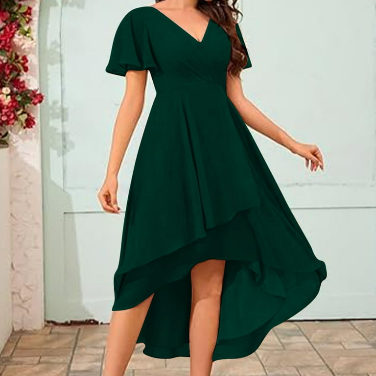 NXMZXB Women's High Low Bridesmaid Dresses for Women Loose Fit Casual  Chiffon Pleated V Neck Short Sleeves Formal Gown with Slit Dark Green L