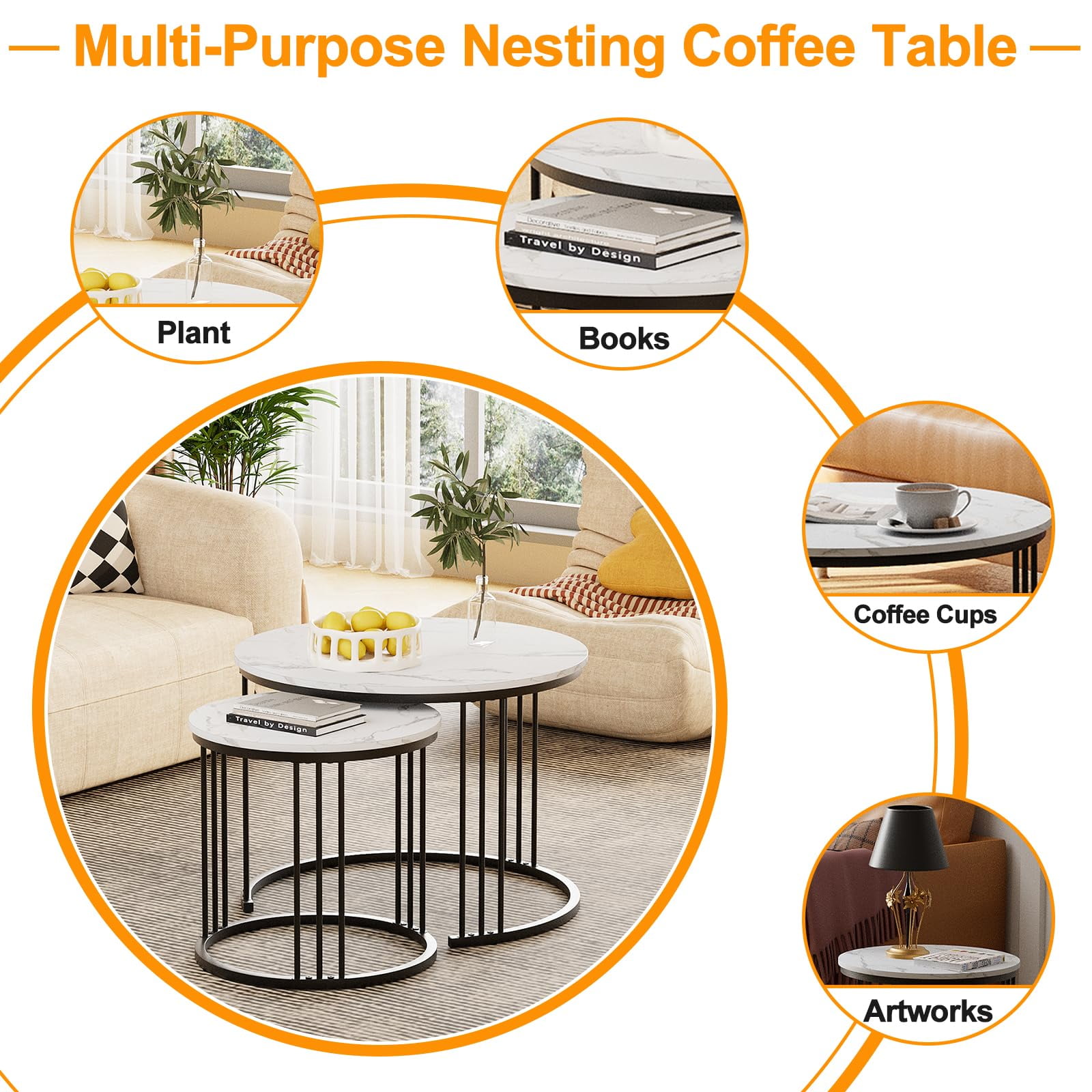 Garden 4 you Coffee Table Faux Marble Nesting Table for Small Place 2 Sets Modern Furniture Living Room Sets End Side Table Night Stand for Bed Room Dining Room (Black & White)