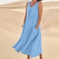 thumbnail image 2 of THDHVS Dresses for Women,Linen Dress,Women Solid Color Linen Smocked Dress Sleeveless with Pockets Maxi Length Light Blue, 2 of 8