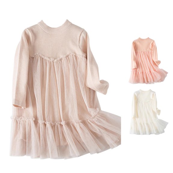 Kids Toddler Girls Dress Ribbed Stitching Mesh Long Sleeve Crew Neck A-Line Dresses for Summer Vacation Casual Beach Fall Dress