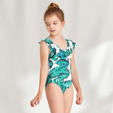 

Gubotare Girls Swimsuit Skirt Green Leaf Pattern V Neck With Ruffled Edge Kids Swimming Pool Hot Spring Natatorium Kids Bikini White 7-8 Years