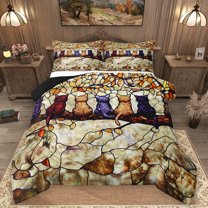 Homewish Cartoon Cat Kitten Queen Comforter Set,Retro Glass Artwork Bedding Sets,Brown Beige Bedding Comforter Set For Girls Teens,Microfiber Bedroom Decor Reversible,3-Piece
