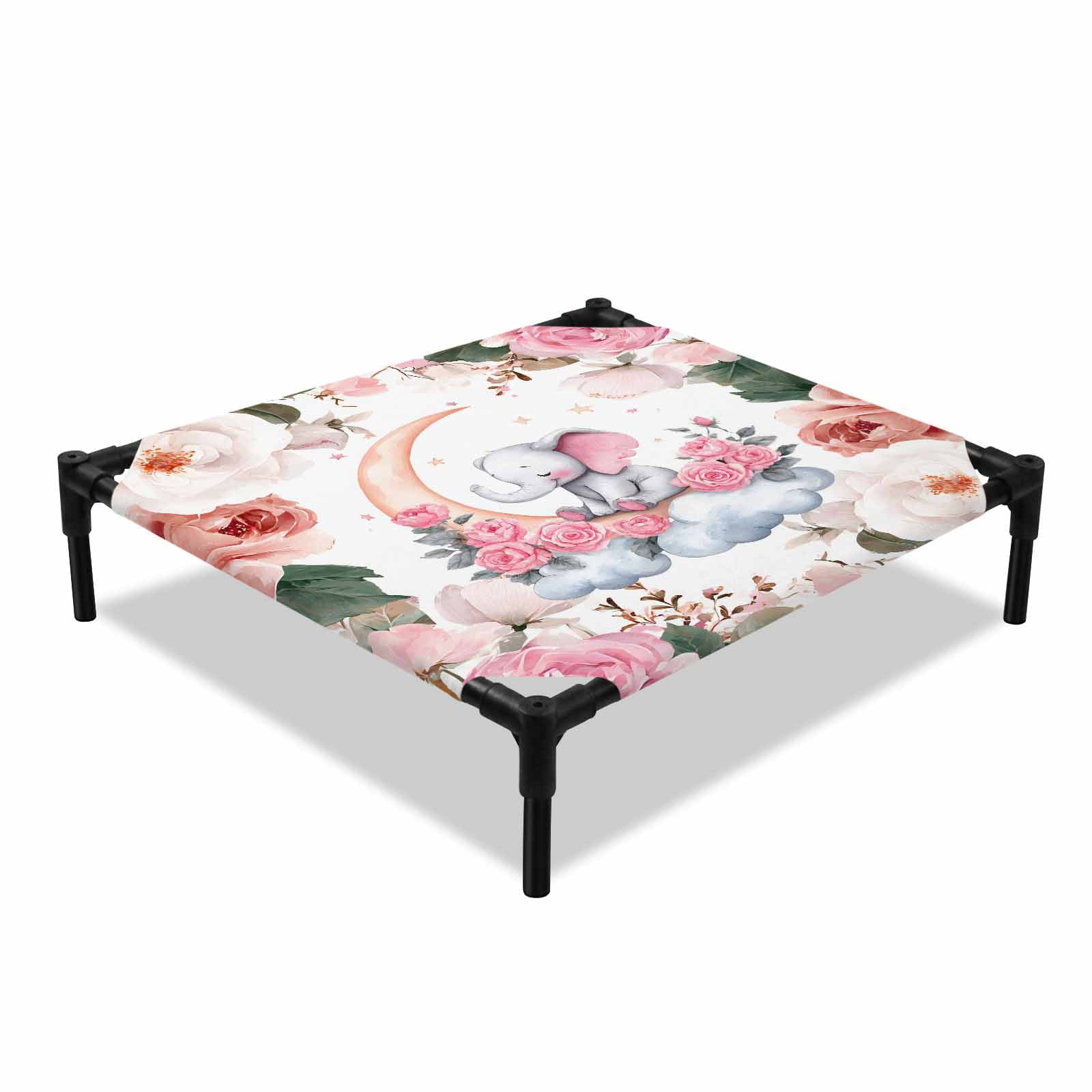 Cute Elephant Elevated Dog Bed Spring Pink Watercolor Floral Moon Cloud Cooling Breathable Outdoor Raised Dog Cot Bed with Metal Frame Non-Slip Feet for Small Dog 20x20in