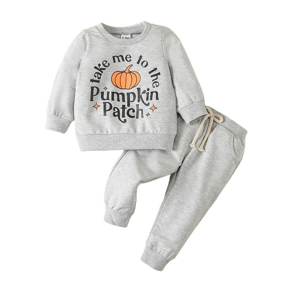 Gibobby Toddler Boy Halloween Outfit Pumpkin Embroidery Long Sleeve Sweatshirt Plaid Pants Fall Clothes Set(Grey,12-18 Months)