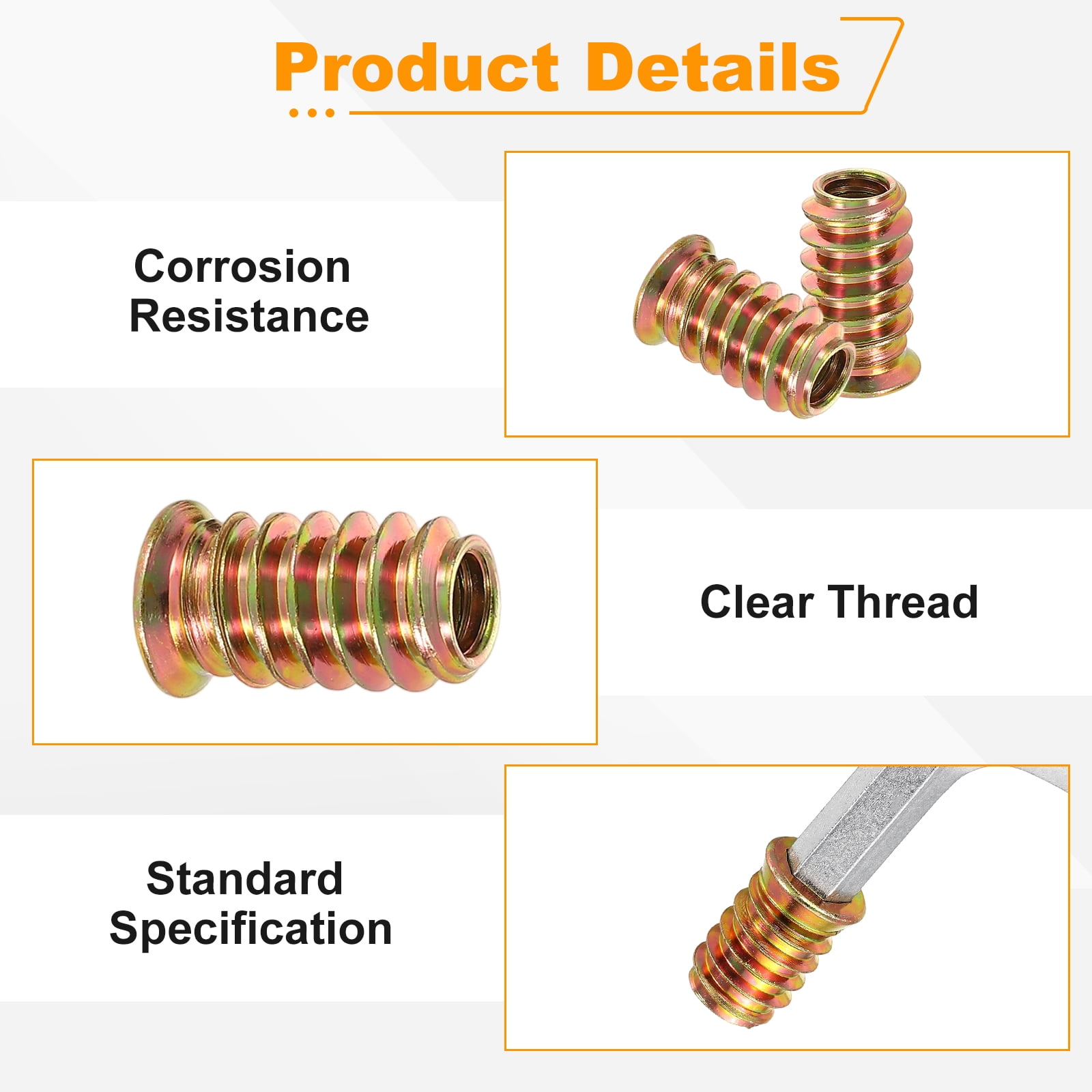 100 Pcs Threaded Insert for Wood, 1/4 - 20 Threaded Studs 20mm Length, Gold