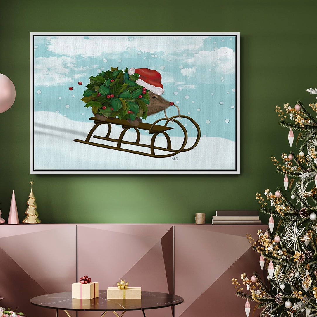 Christmas Holly Hedgehog Sledding - Framed Gallery Wrapped Holiday Canvas - 17 x 25 - White Frame