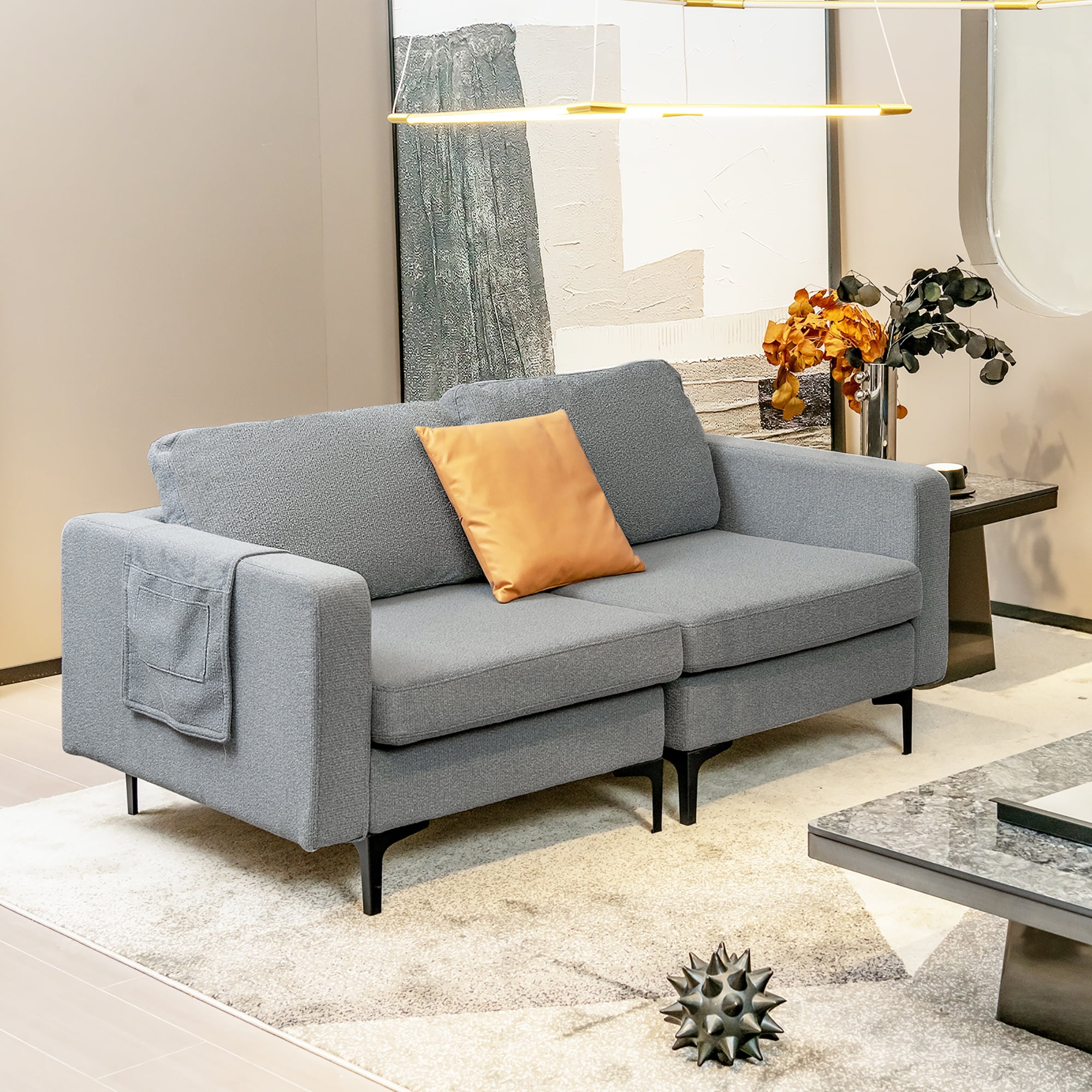 Costway Modern Loveseat Linen Fabric 2-Seat Sofa Couch w/ Side Storage Pocket Dark Grey