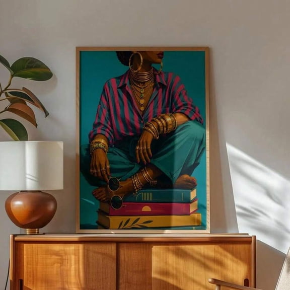 Black Woman Stacked Books Canvas Wall Art, Modern African American Woman Portrait Print, Bold Color Fashion Wall Decor
