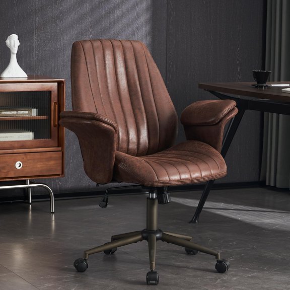 Ergonomic Home Office Chair, Lumbar Support Executive Office Desk Chair, Adjustable Height Computer Chair with 30° Tilting Function and Detachable Padded Armrest (Dark Brown Suede Fabric)