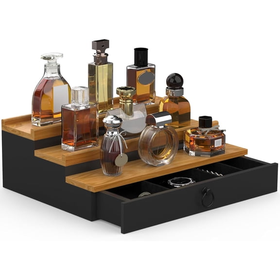 YANGLI 3-Tier Wood Perfume Organizer with Felt Lining Drawer & Hidden Compartment, Gift for Men