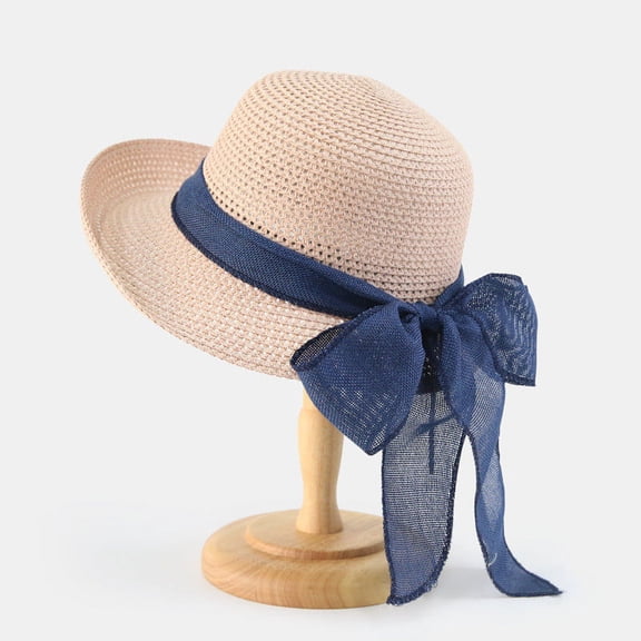JFGHDG Women Straw Sun Hat, Medium Wide Brim Bucket Hat with Long Fabric Bow, Breathable Summer UV Protection Beach Hat for Travel Outdoor Green One Size