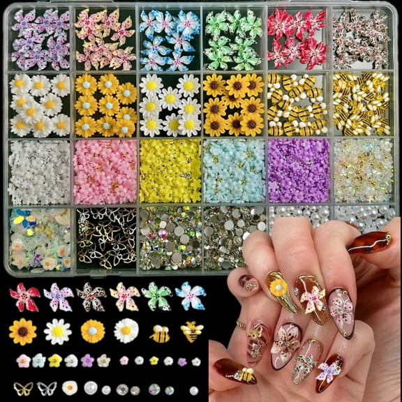 1Box Of 3D Resin Bee Lily Sunflower Daisy Mini Flower Nail Art Decoration Pearl Flat Bottom Rhinestone Nail Charms Accessories for Manicure DIY