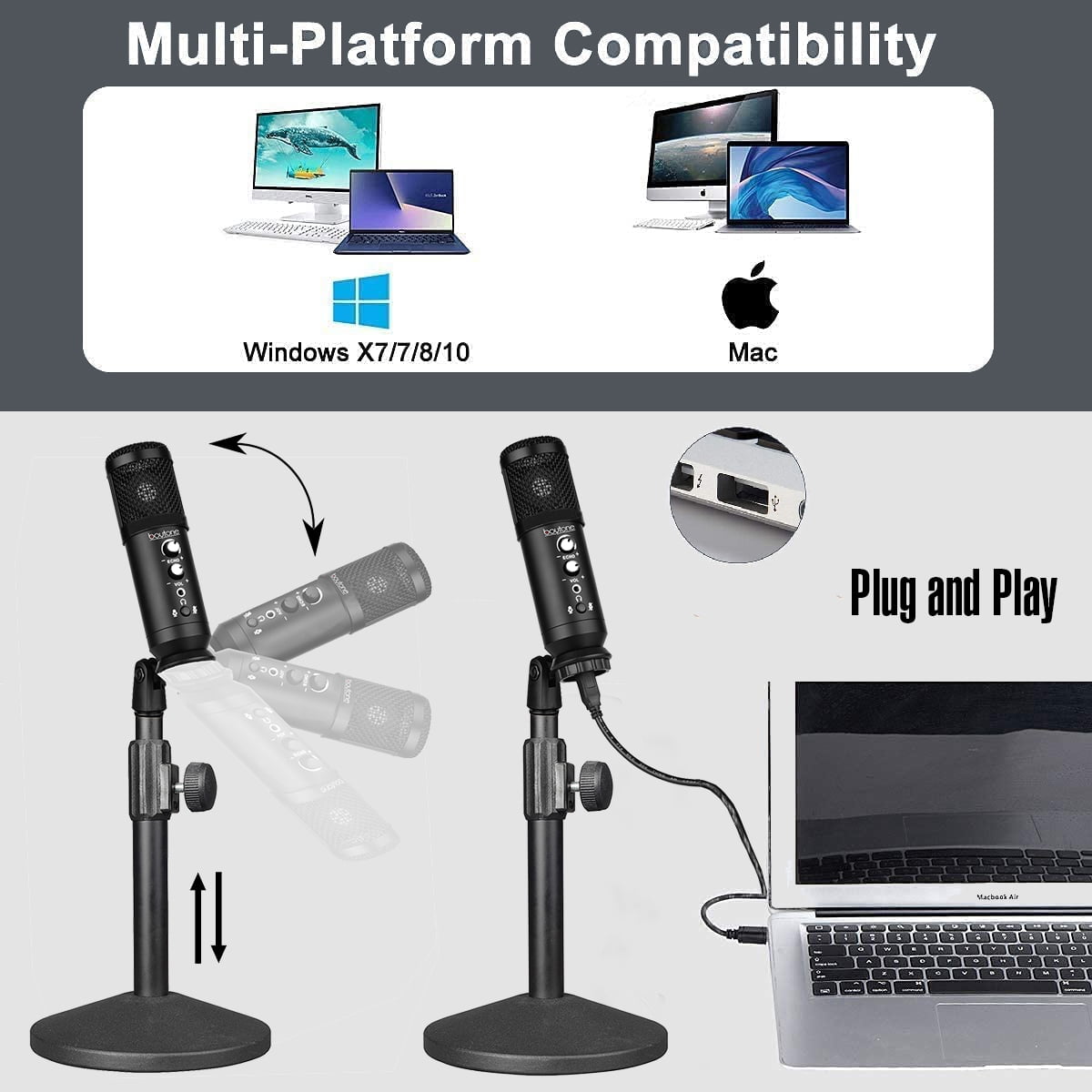 Boytone BT-78SM, 25mm Diaphragm USB Microphone Streaming, Podcasting, Recording for PC and Mac, Studio Vocal Recording Quality Sound, Plug & Play