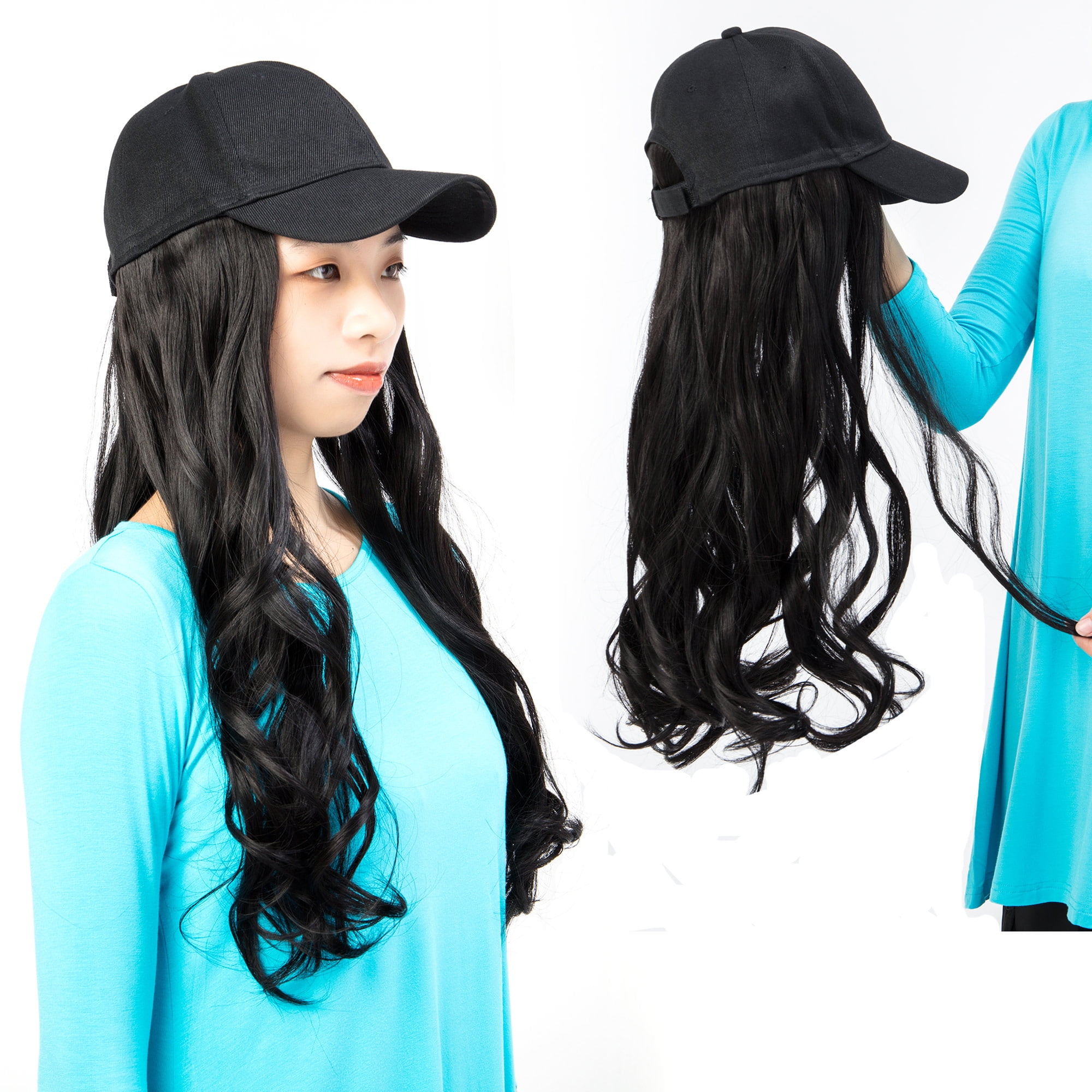 FLORATA Baseball Cap with Hair Attached for Women Light Brown Long Curly Wave Hairpiece