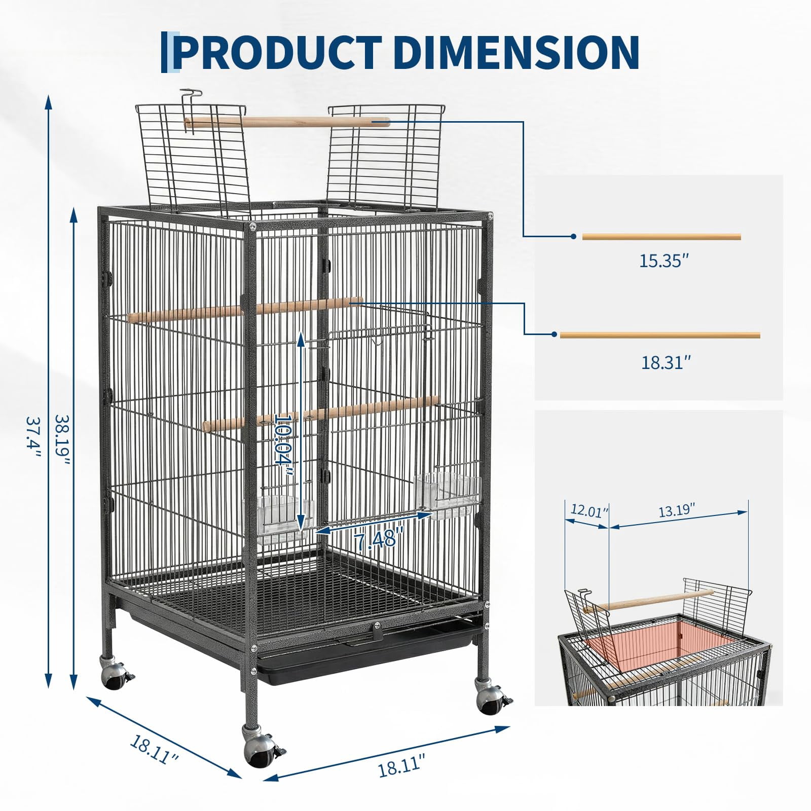 Heavy Duty Metal Bird Cage with Play Open Top – 38'' Tall Flight Cage for Parakeets, Cockatiels, Canaries, Lovebirds, Conures, Budgies, Small Parrots – Easy Assembly & Cleaning – With Rolling Stand