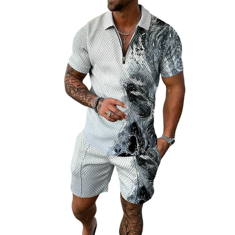 Cilcicy Men Casual 2Piece Suit Short Sleeve Lapel Shirt Pantaloons Shorts Sets Men s Size Medium