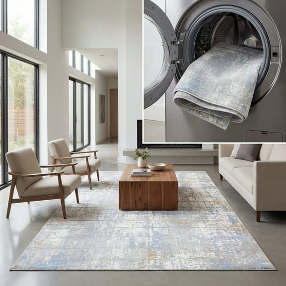 SAFAVIEH Bayside Bernadette Abstract Polyester Machine Washable Area Rug, Gray/Ivory Blue, 5'3" x 7'6"