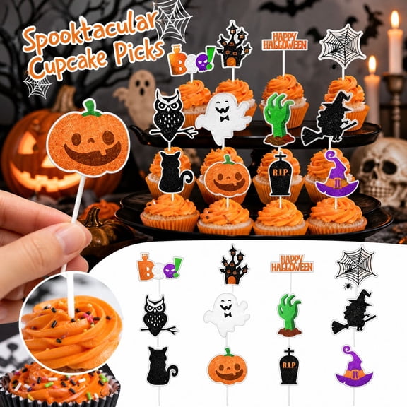 Jeniw Decoration Picks, 12-Pack Cartoon Theme Cupcake Topper Set for Halloween Decor, Festive Party Accent for Halloween Party Decorations, Multicolor