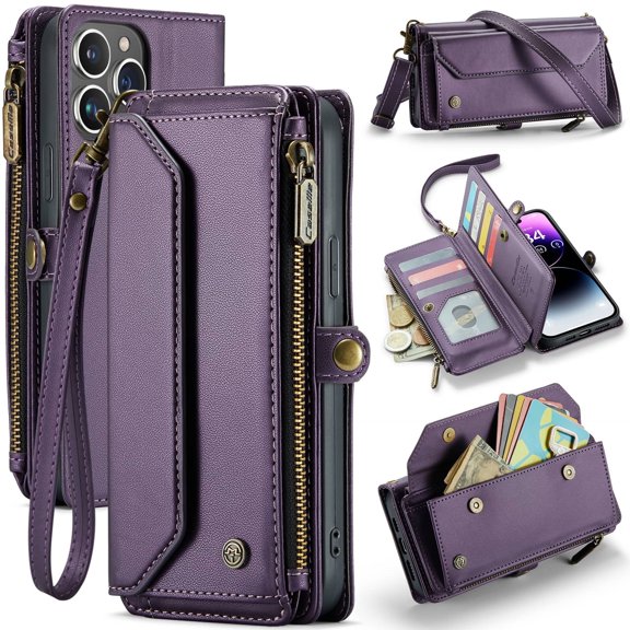 Crossbody for iPhone 14 Pro Max Case Wallet【RFID Blocking】with 10-Card Holder Zipper Bills Slot, Soft PU Leather Magnetic Shoulder Wrist Strap for iPhone 14 Pro Max Wallet Case Women