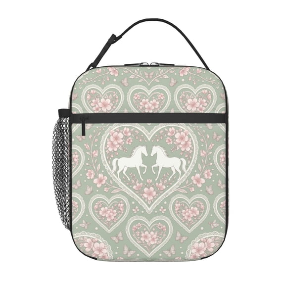 White Horse Lunch Bag Handheld Portable Reusable Cooler Tote Front Pocket Work Office Commute Daily Food Container