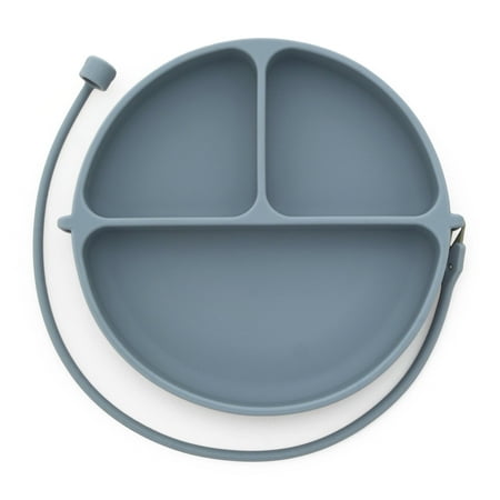 DropLess Plate Silicone Baby Suction Plate with Utensil Tether BPA Free Gray
