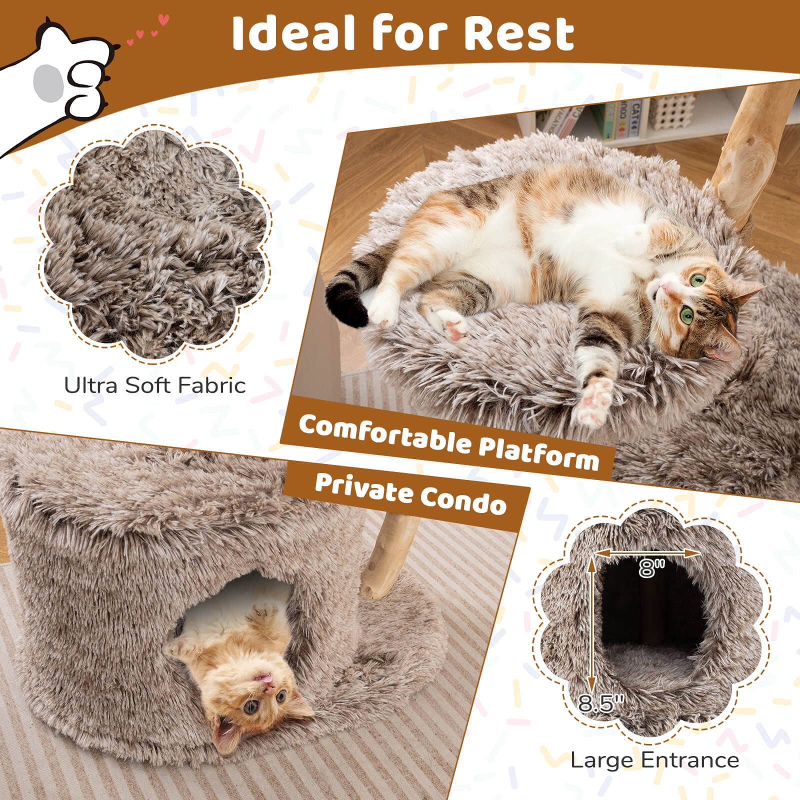 Costway Solid Wood Cat Tree with Well-woven Cattail Basket Luxury Condo Scratching Posts
