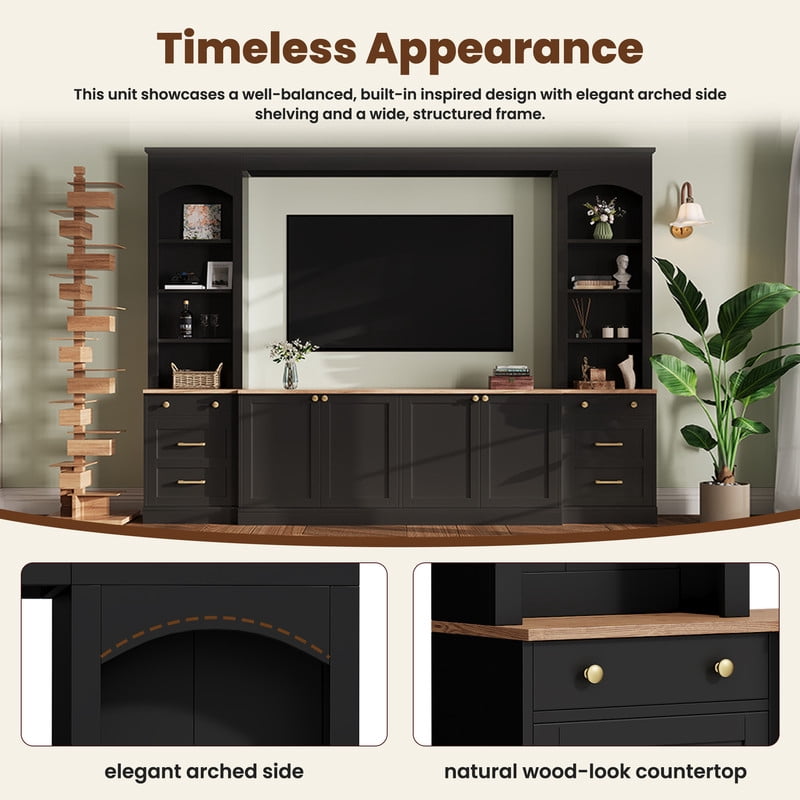 Farmhouse Arched Entertainment Center Wall Unit with Bookshelves, 106" Large TV Stand with Storage Cabinets and Drawers, Retro Wood Grain Media Console for TVs Up to 70"