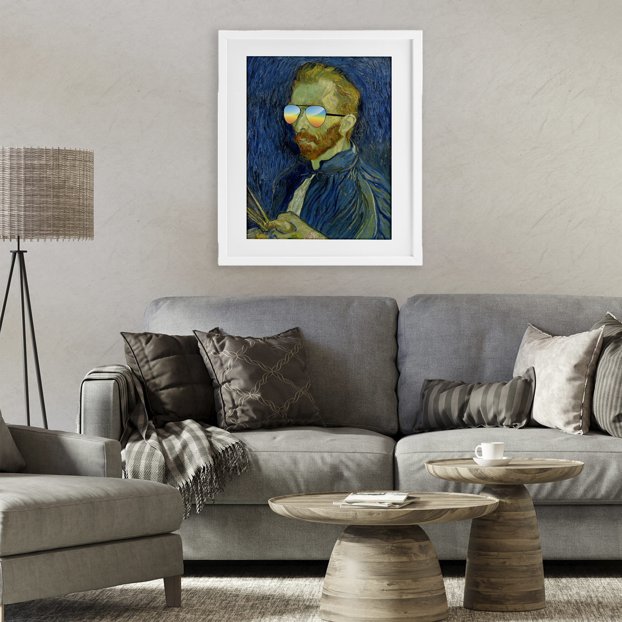 Funny Van Gogh Sunglasses White Framed Print Under Glass, design by Masters Redux