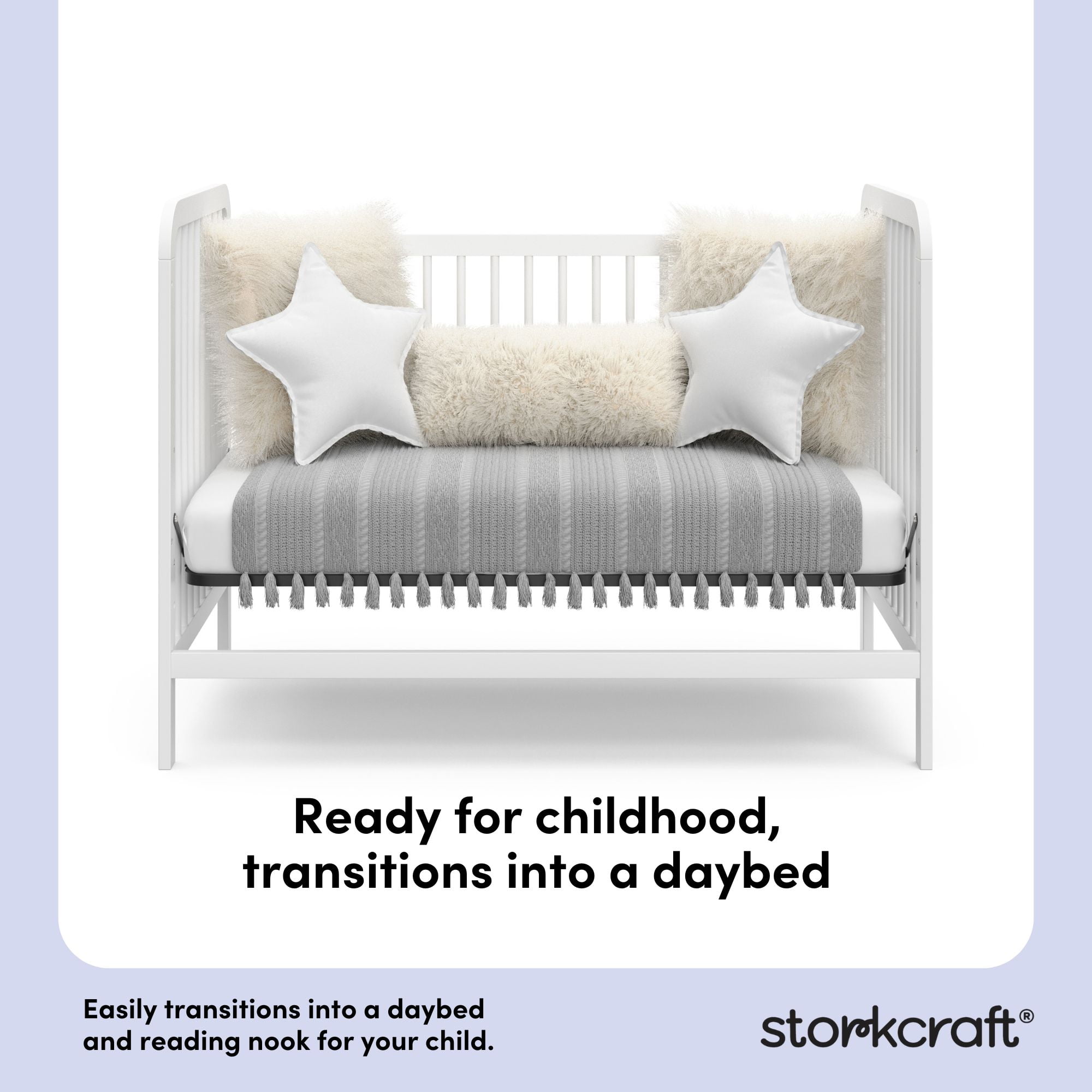 Storkcraft Pasadena 3-in-1 Convertible Baby Crib – GREENGUARD Gold Certified, 100% Solid Wood, Fits Standard Crib Mattress, Converts to Toddler Bed and Daybed, 4 Mattress Heights , White