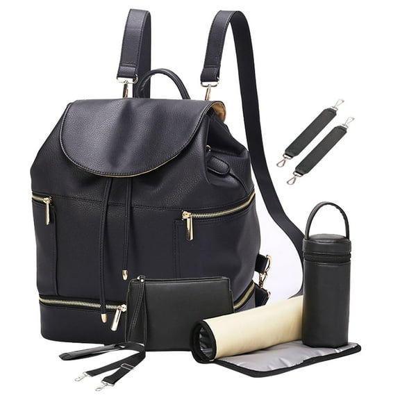 EZGO LEQUEEN Diaper Bag Backpack PU Leather with Insulated Pocket, Black
