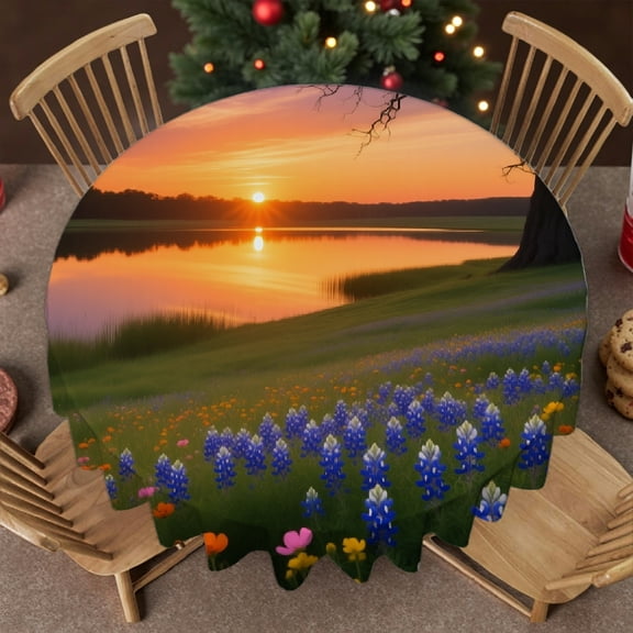 Bluebonnet Wildflowers Blooming on Spring Lake Tablecloth for dining table, - Festive Table Setting tablecloths for round tables, Cafe, picnic,60x60 Inch