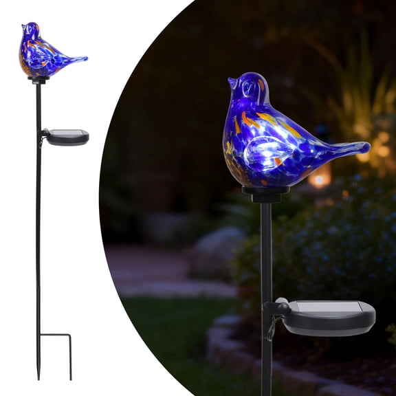 Solar Bird Garden Stake Lights - Hand Blown Glass Decorative Garden Pathway Lights Outdoor Waterproof Bird Glass Stakes (Dark Blue)