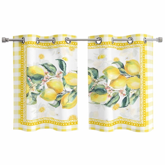 2 Panels Kitchen Tier Curtains 39 Inch Length, Yellow Lemon Grommets Window Treatment Curtain, Summer Botanical Plaid Elegant Pastoral Thermal Curtains Drapes for Living Room/Bathroom