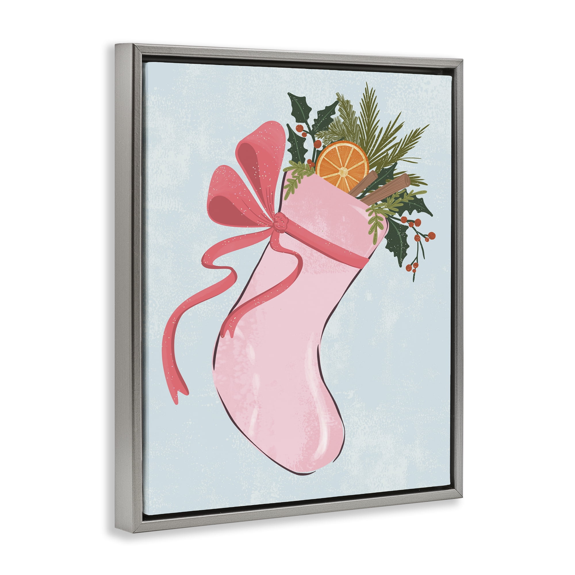 Stupell Industries Pink Filled Holiday Stocking Holiday Painting Gray Floater Framed Canvas Art Prints Wall Art, 17 x 21