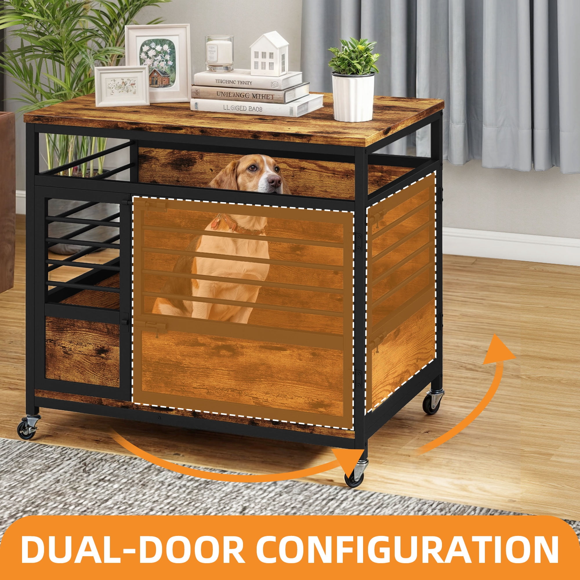 Craftian 32 Inch Dog Crate Furniture, Dog Kennel Indoor with Wheels and Removable Tray,End Table Dog Crate - Rustic Brown & Black