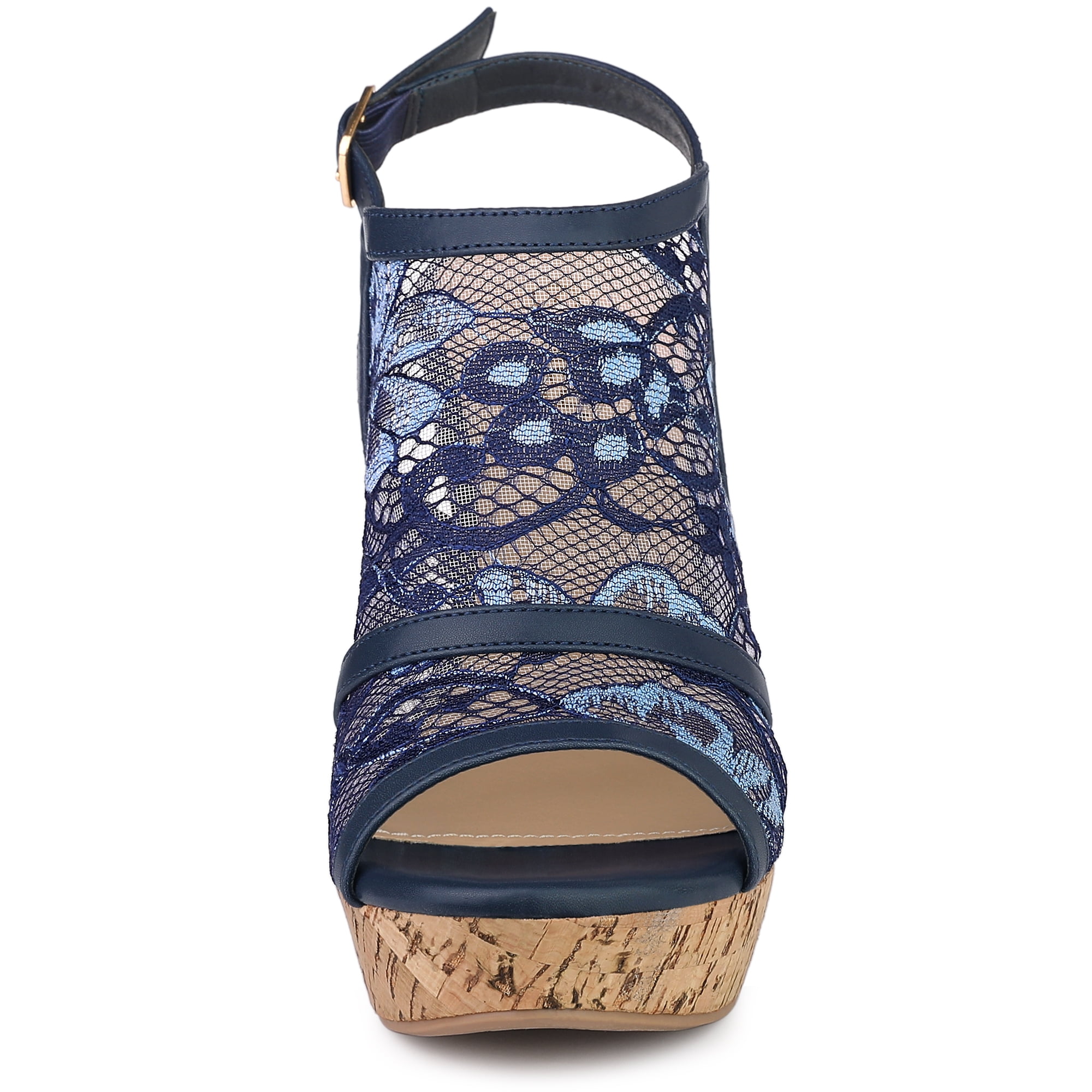 DARING DIVA Women's Open Toe Platform Heel Lace Wedges Sandals Deep Blue 6