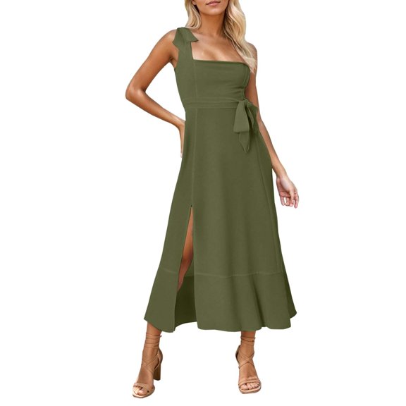 DHFJKG Dresses For Women 2026 Summer Wedding Guest Dress Sleeveless Square Neck Maxi Sundresses Side Slit Formal Comfortable Dresses