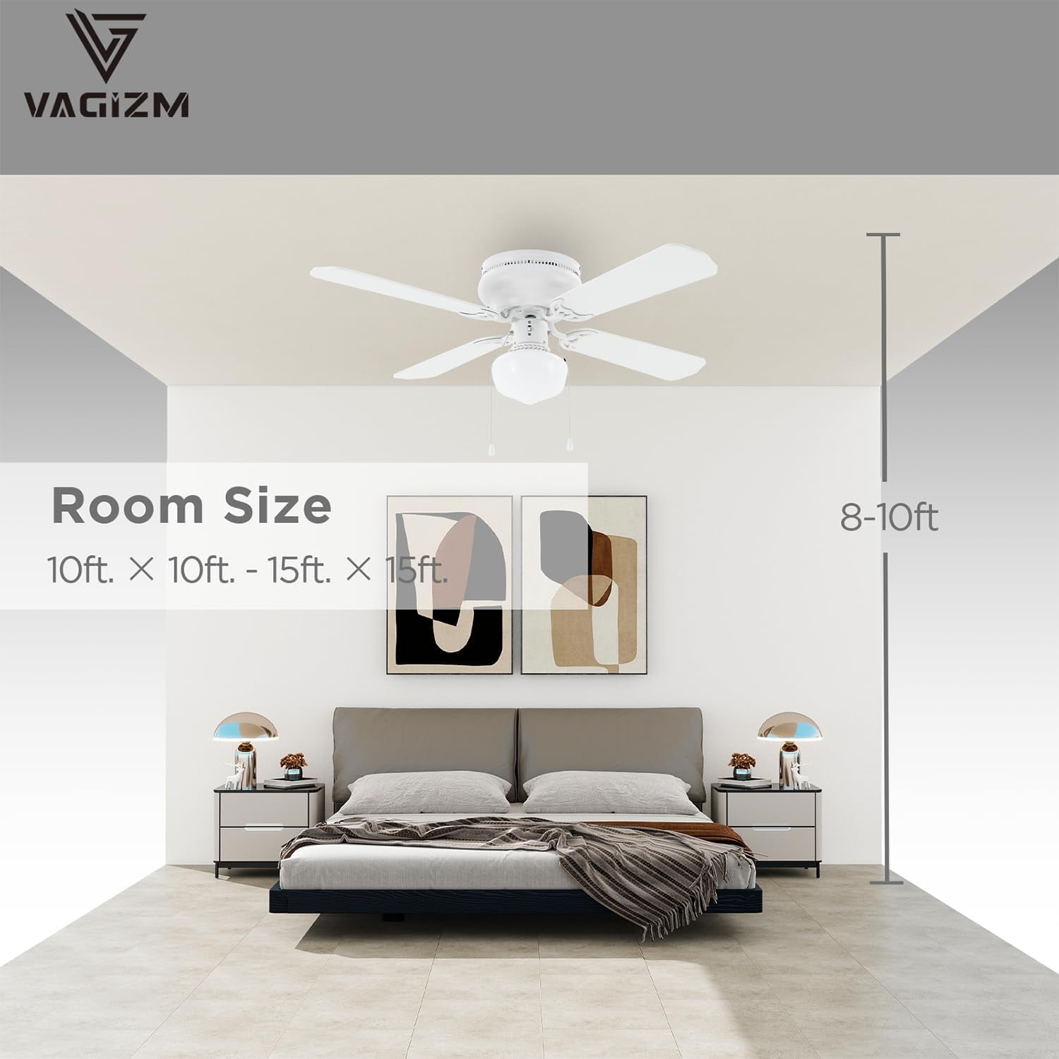42" Flush Mount Ceiling Fan Matte White Traditional Ceiling Fan with Light & Pull Chain - Low Profile Design - Indoor or Cover Outdoor Use