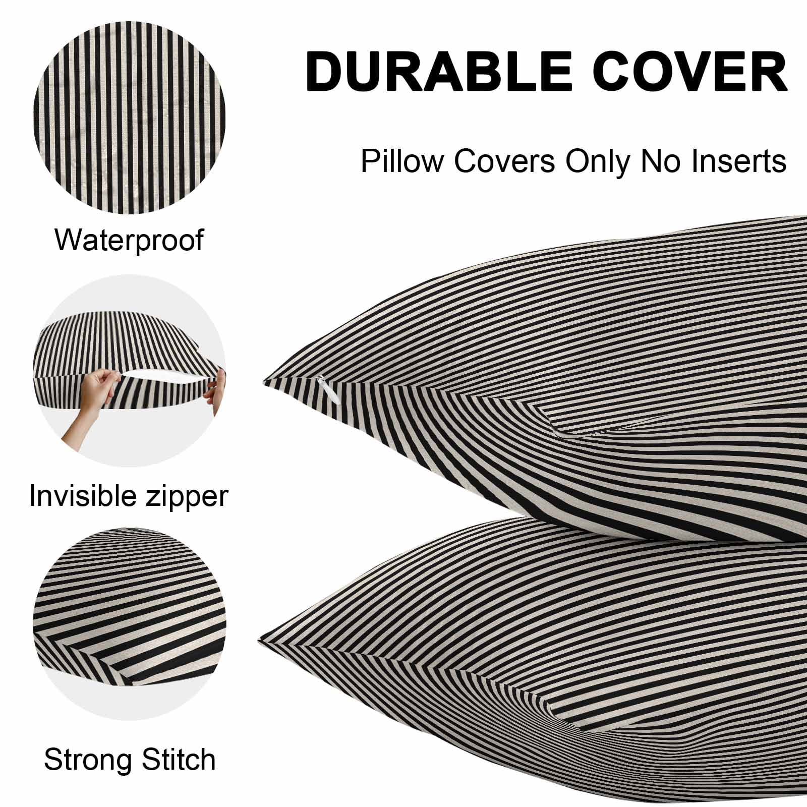 Outdoor Waterproof Throw Pillow Covers Set of 2 Black Stripes Pillowcases Lumbar Outdoor Pillows Cushion Case 20x12 Inch Linen Classic Vertical Striped Patio Pillows for Couch Sofa Bed Garden