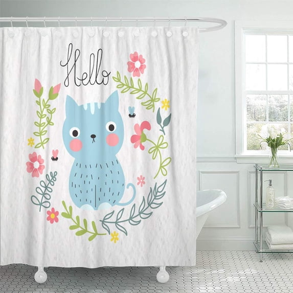 KSADK Cute Blue Cat Floral and Inscription Hello on Watercolor Shower Curtain Bathroom Curtain 60x72 inch