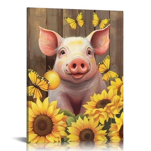 JRXY  Pig Canvas Wall Art Cute Pig Play with Flyies Beside The Fence with Yellow Flower Bloomming Pictures Artwork Prints Modern Farm Animal Art Decor for Living Room Bedroom Kitchen 12x16 in